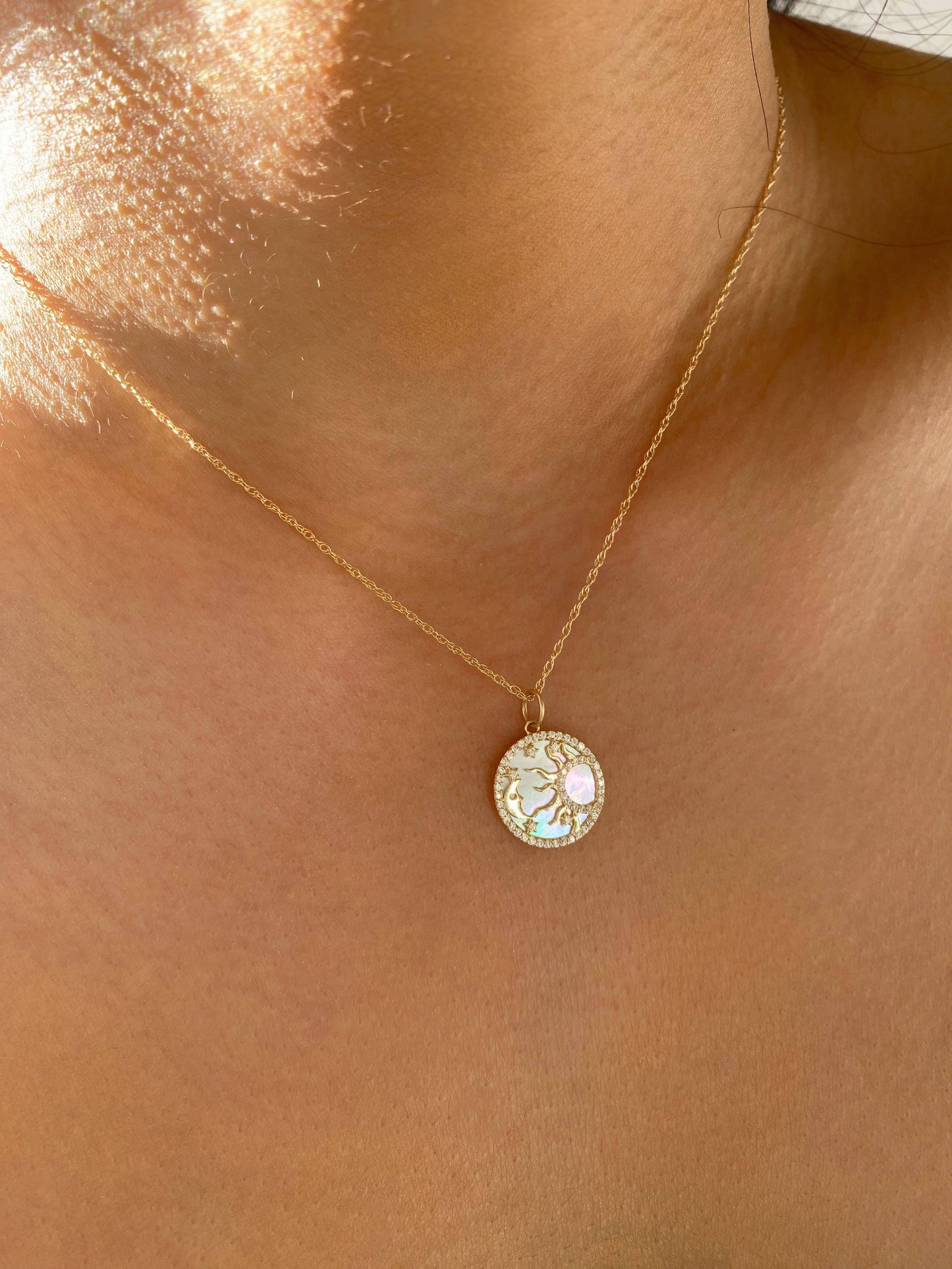Celestial Moon & Star Pendant Necklace | 10K Gold with Mother of Pearl & CZ