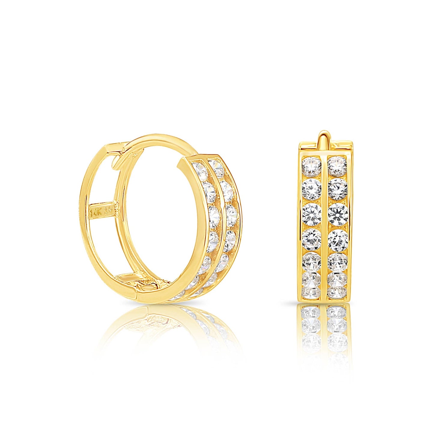 14K Gold Huggie Hoop Earrings | Dazzling Double Row CZ Elegance