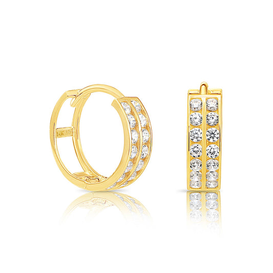 14K Gold Huggie Hoop Earrings | Dazzling Double Row CZ Elegance