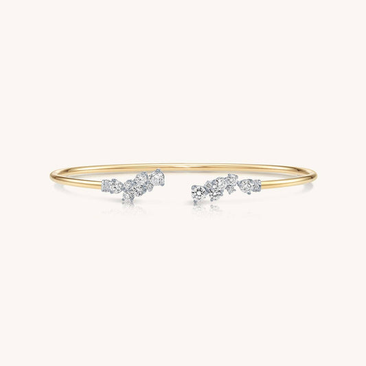 14K Solid Gold Cluster Bangle with Round Diamonds-Subtle Elegance