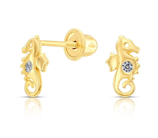 10K Yellow Gold Seahorse Stud Earrings with Cubic Zirconia | Playful & Elegant