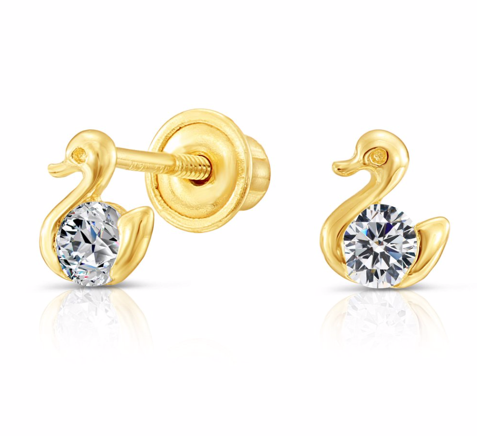10K Yellow Gold Duck Stud Earrings with Cubic Zirconia | Playful & Elegant