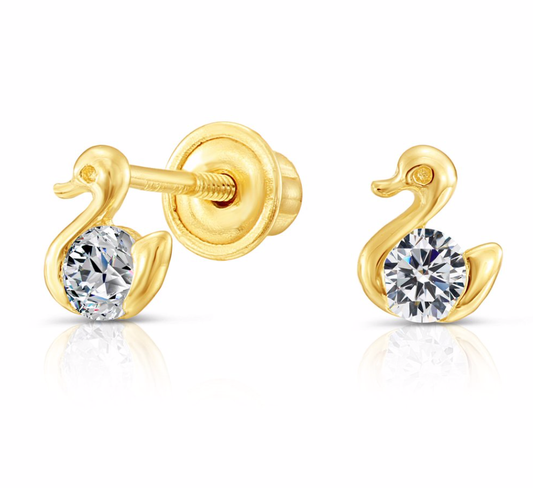 10K Yellow Gold Duck Stud Earrings with Cubic Zirconia | Playful & Elegant