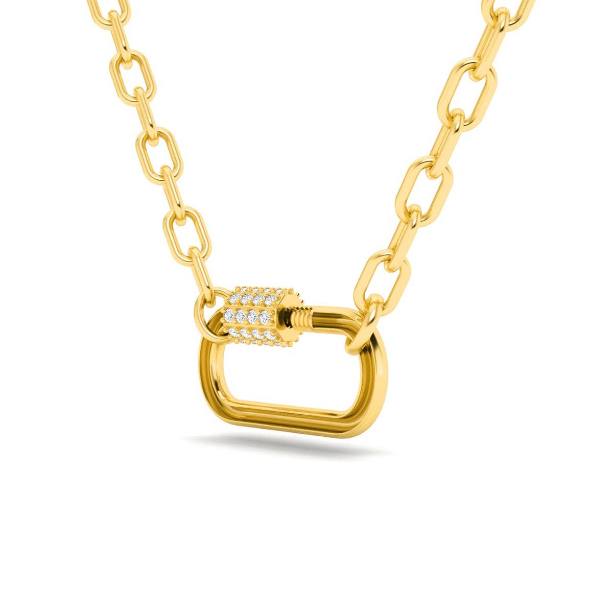 18K Solid Yellow Gold Bold Link Chain Necklace with Diamond Carabiner Pendant