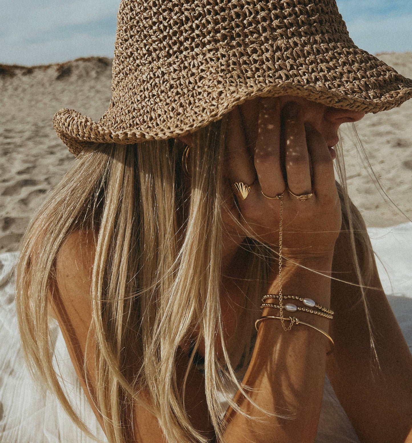 Adjustable Gold Cuff Bracelet with Attached Ring – 18K Gold-Plated