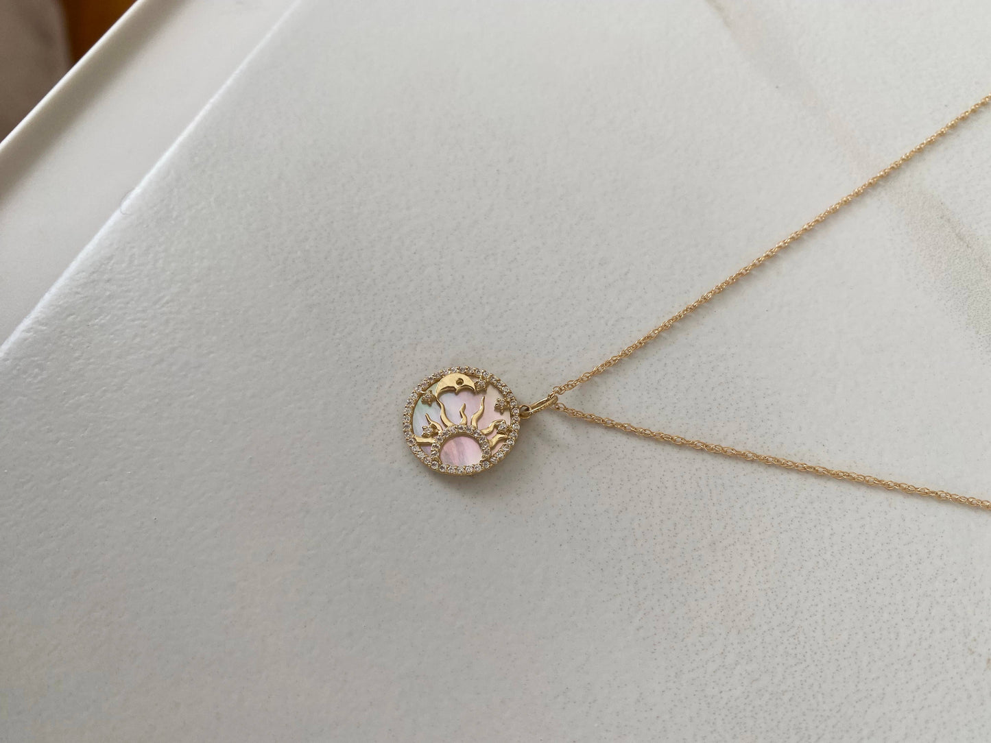 Celestial Moon & Star Pendant Necklace | 10K Gold with Mother of Pearl & CZ