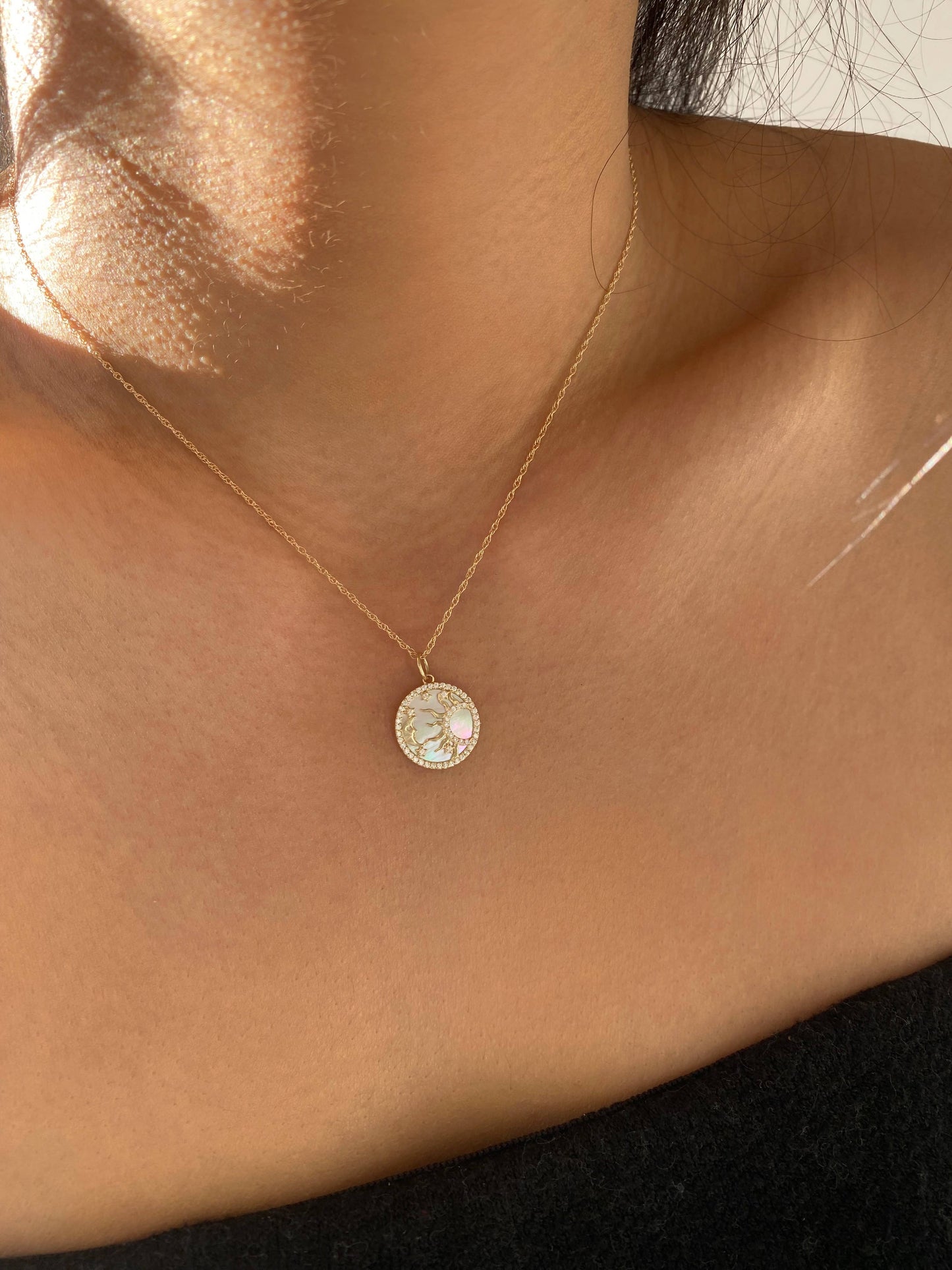 Celestial Moon & Star Pendant Necklace | 10K Gold with Mother of Pearl & CZ