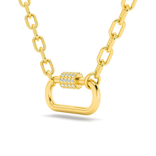 18K Solid Yellow Gold Bold Link Chain Necklace with Diamond Carabiner Pendant