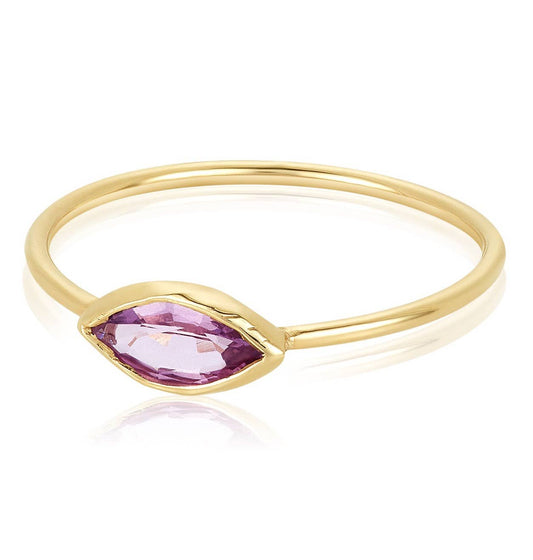 14K Gold Horizontal Marquise Pink Sapphire Ring – Bezel Set Thin Band