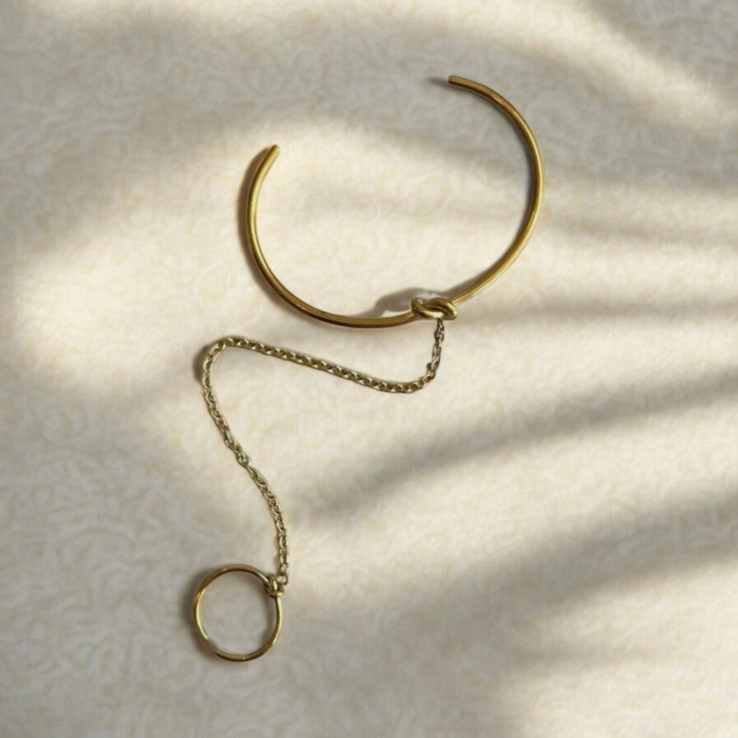 Adjustable Gold Cuff Bracelet with Attached Ring – 18K Gold-Plated