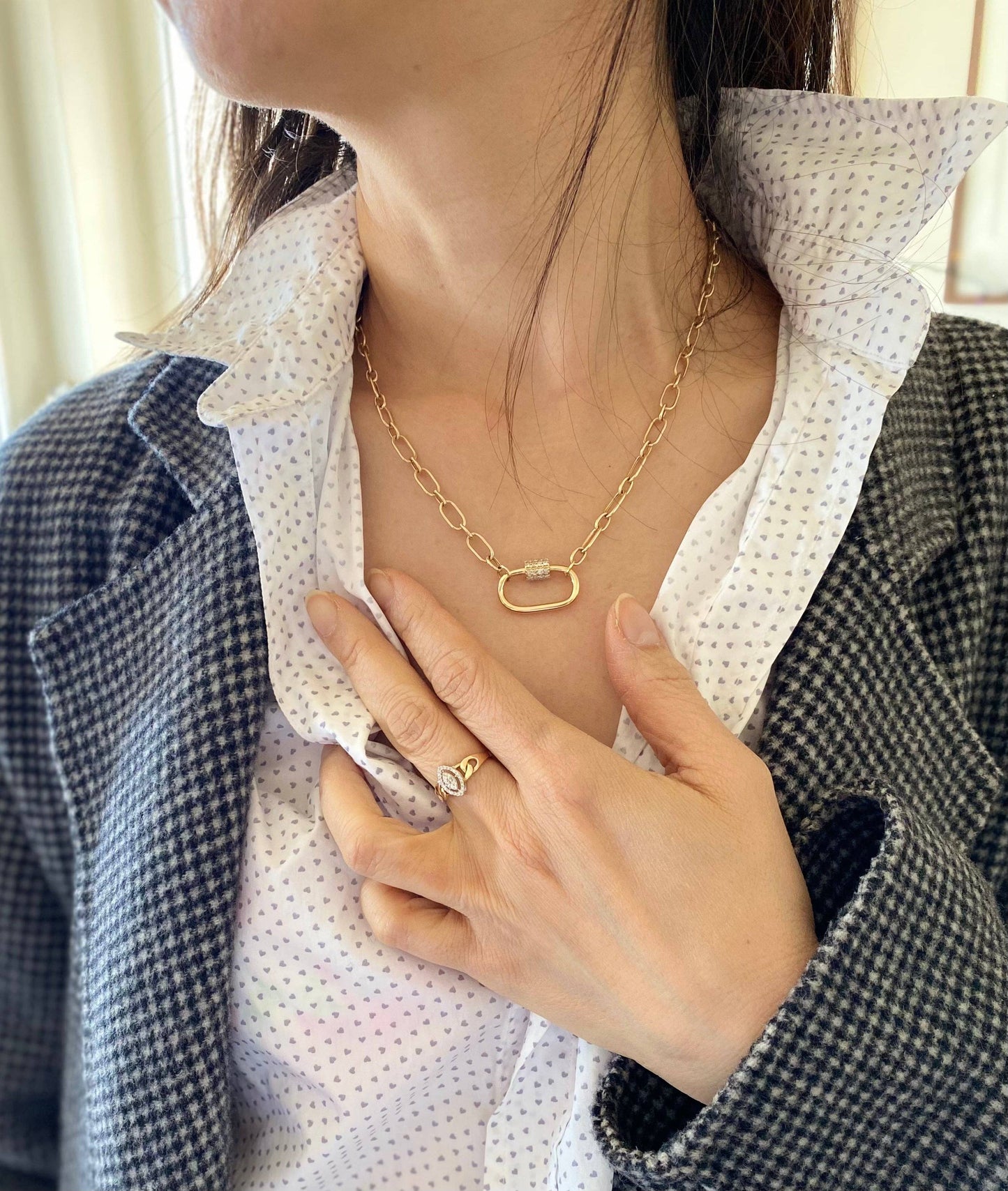 18K Solid Yellow Gold Bold Link Chain Necklace with Diamond Carabiner Pendant