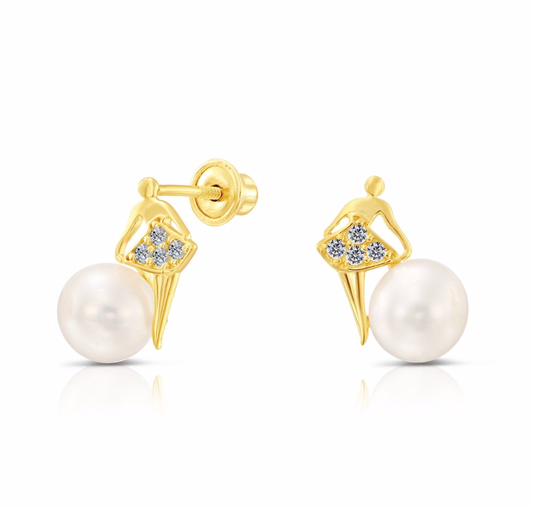 10K Yellow Gold Ballerina Freshwater Pearl Stud Earrings | Elegant & Timeless