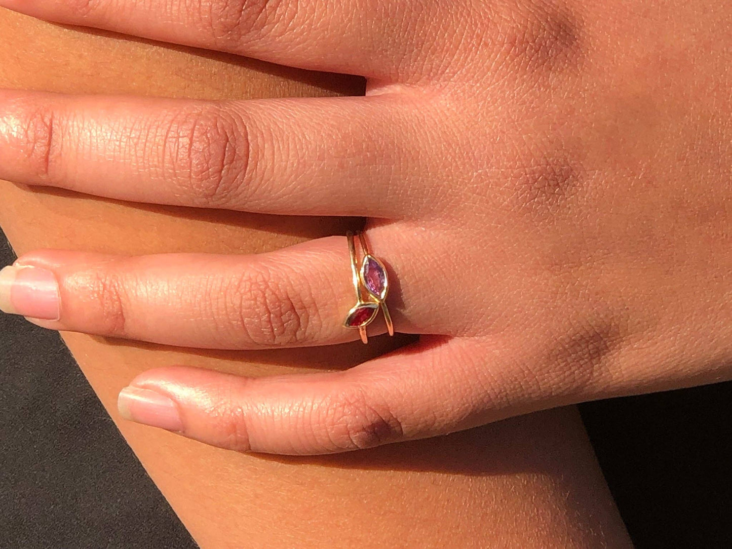 14K Gold Horizontal Marquise Pink Sapphire Ring – Bezel Set Thin Band
