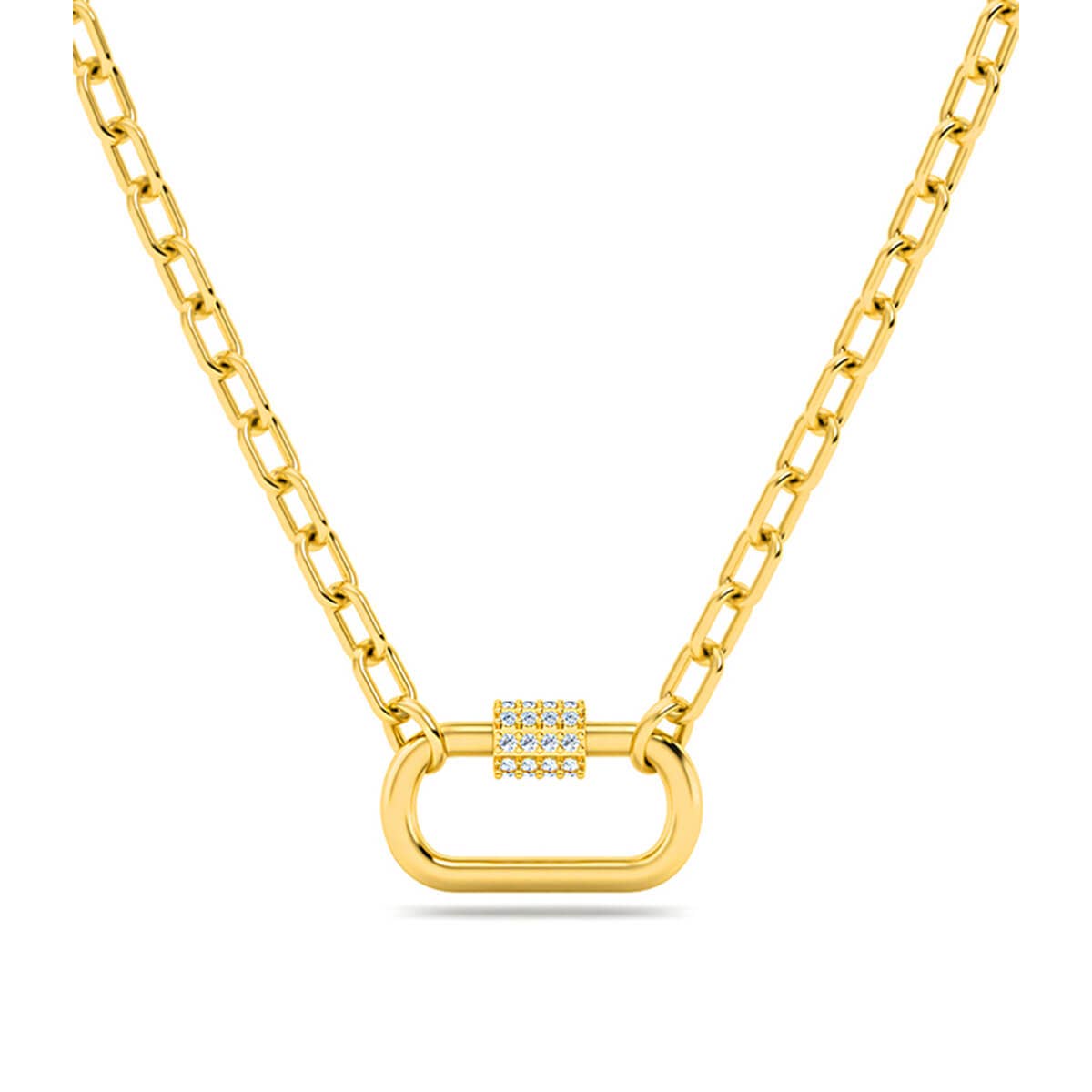 18K Solid Yellow Gold Bold Link Chain Necklace with Diamond Carabiner Pendant