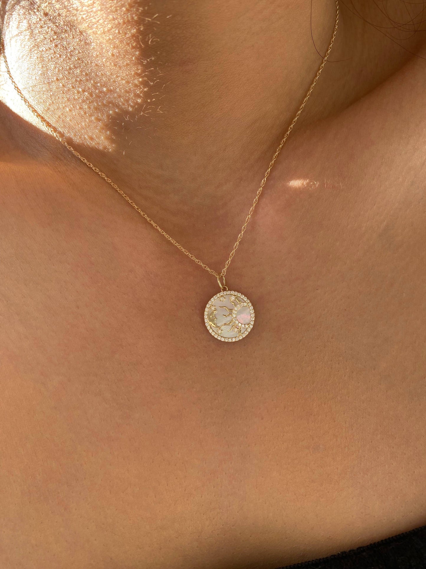 Celestial Moon & Star Pendant Necklace | 10K Gold with Mother of Pearl & CZ