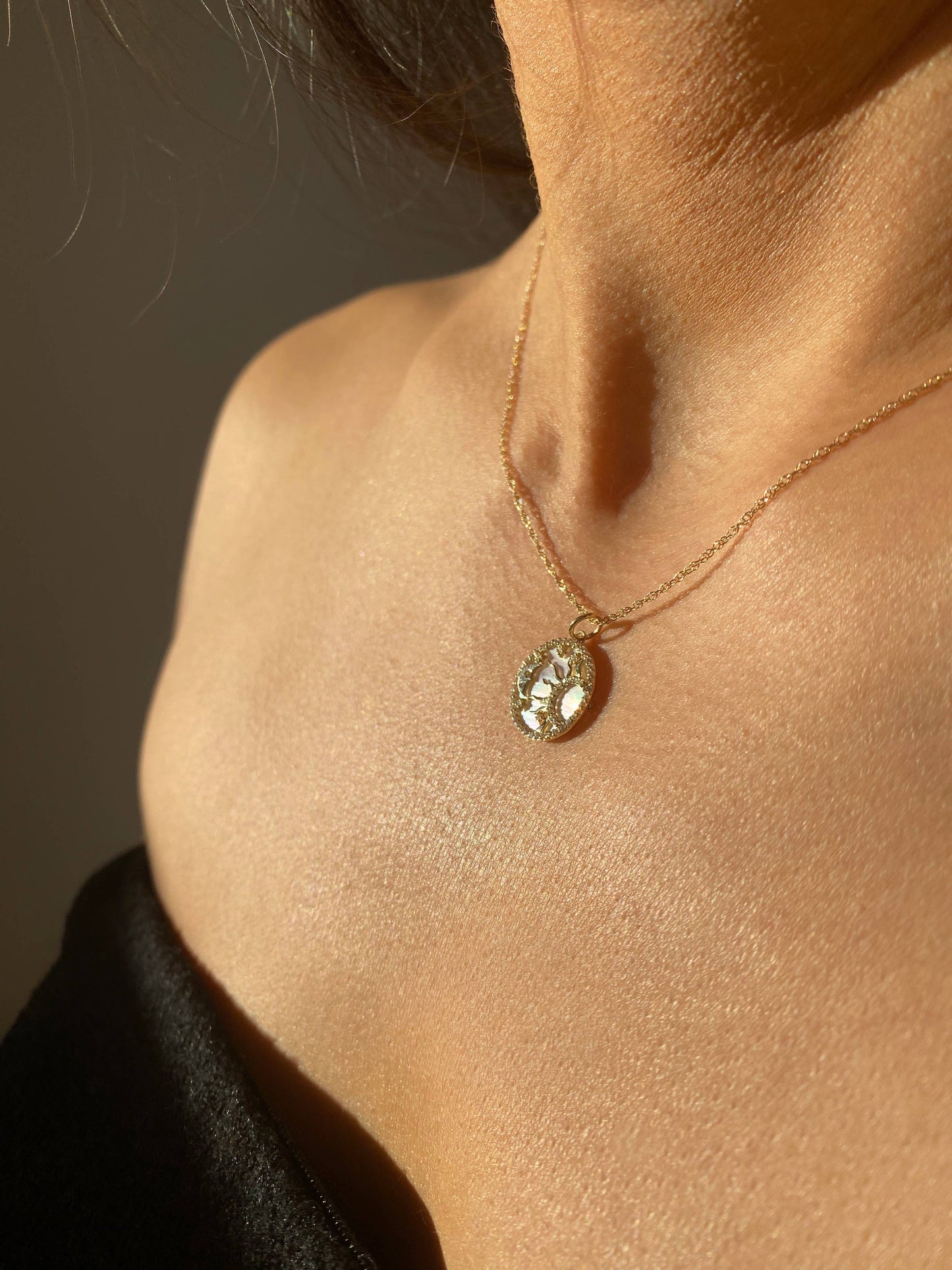 Celestial Moon & Star Pendant Necklace | 10K Gold with Mother of Pearl & CZ