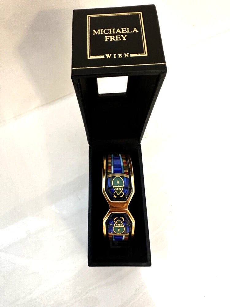 Rare Vintage Michaela Frey Wien Enamel Bracelet – Egyptian Scarab Design, 24K Gold Plated