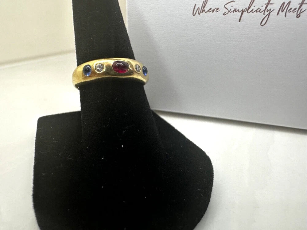 Vintage 18K Gold Ruby, Diamond & Sapphire Cabochon Gypsy Ring – Size 5.75