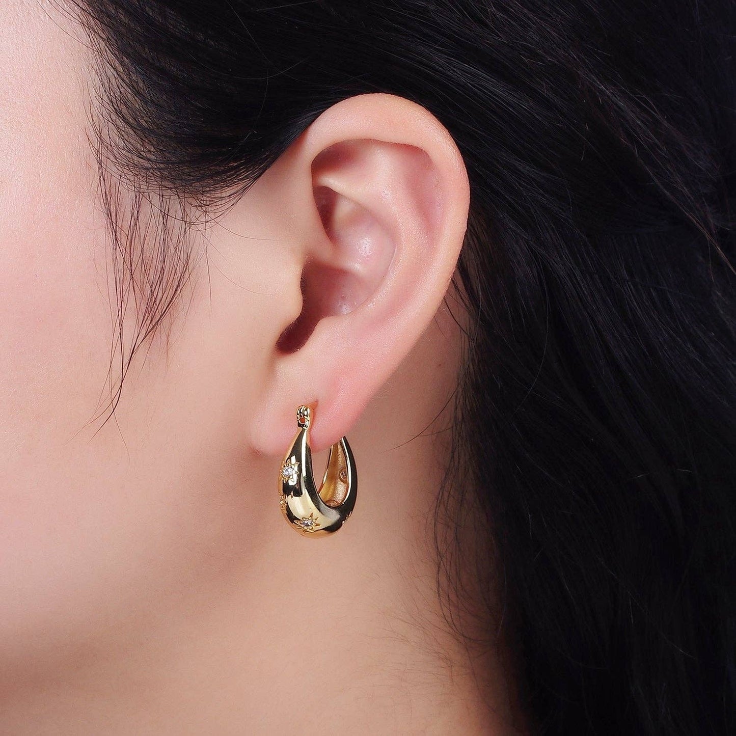16K Gold-Filled Celestial Star Oblong Dome Earrings | CZ Accents | French Lock Closure