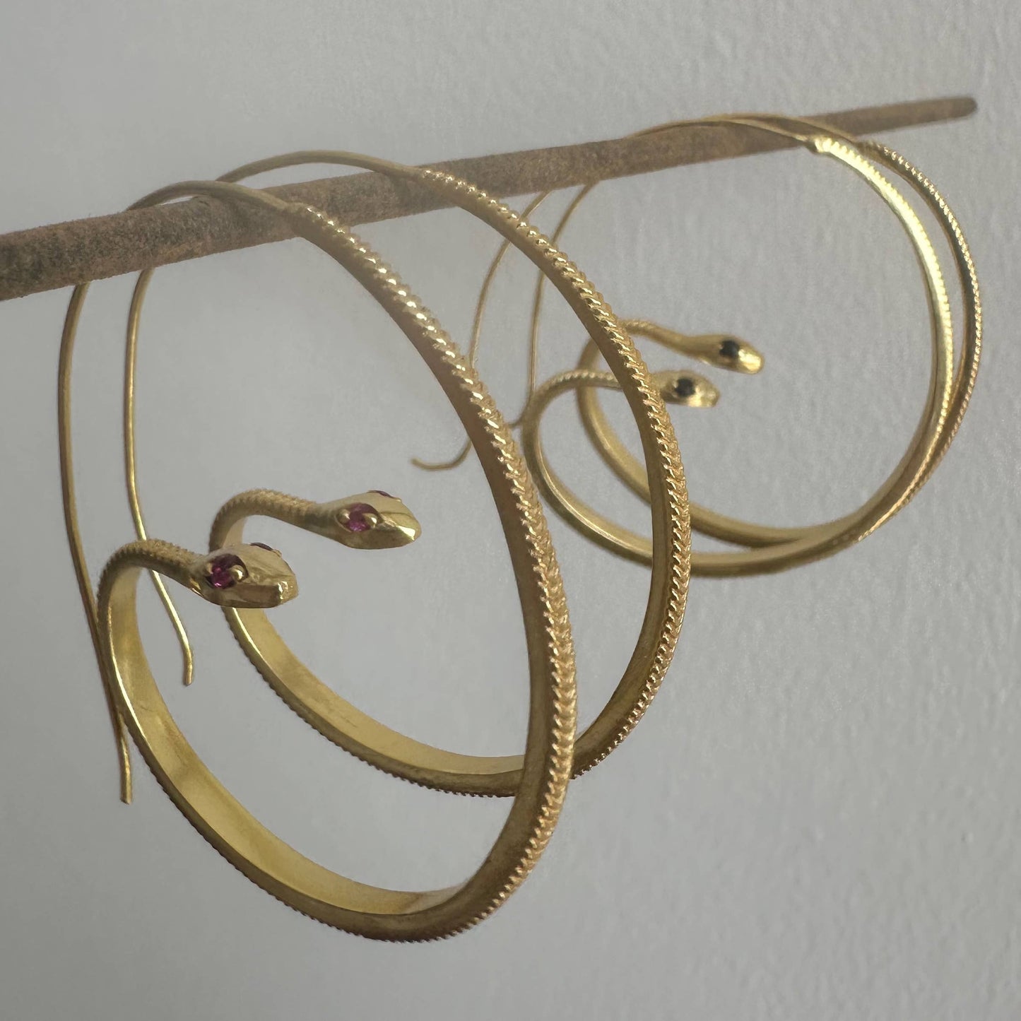 Snake Hoop Earrings with Pink Zircon Eyes | 18K Gold Plated