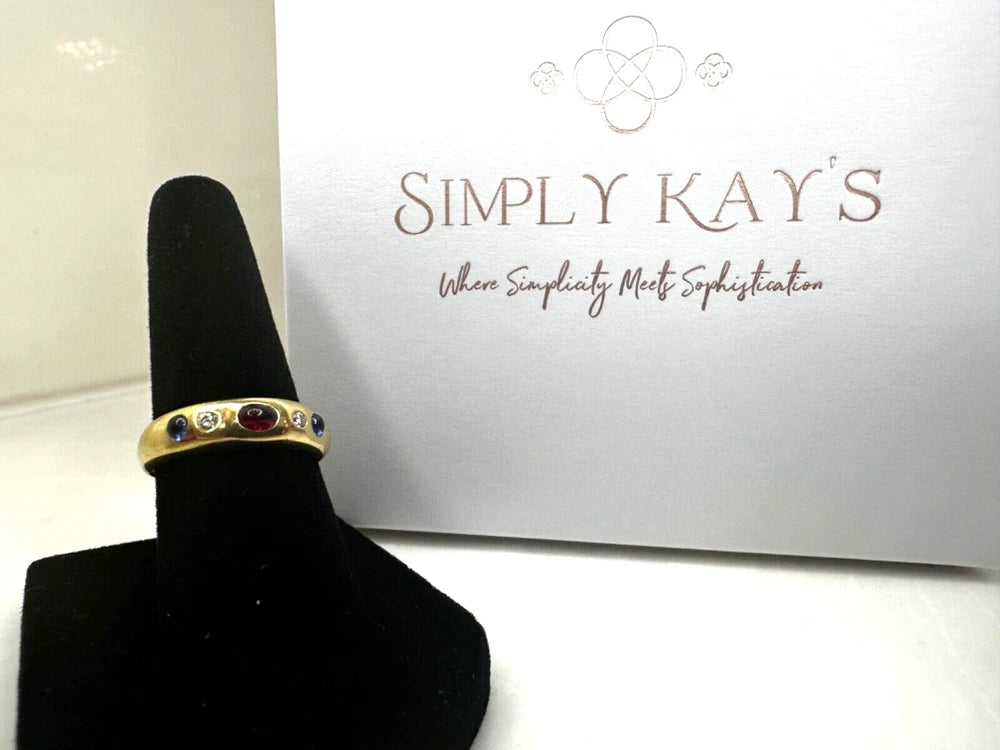 Vintage 18K Gold Ruby, Diamond & Sapphire Cabochon Gypsy Ring – Size 5.75