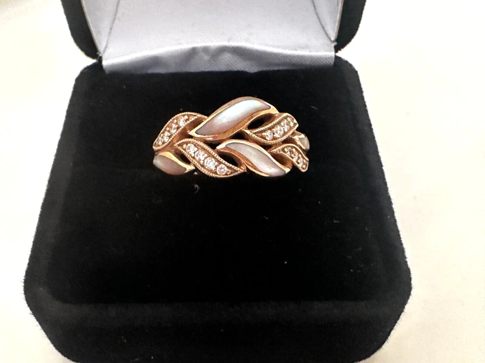RARE Kabana 14K Rose Gold Ring Diamond & Mother of Pearl Inlay Size 6.75 Unique