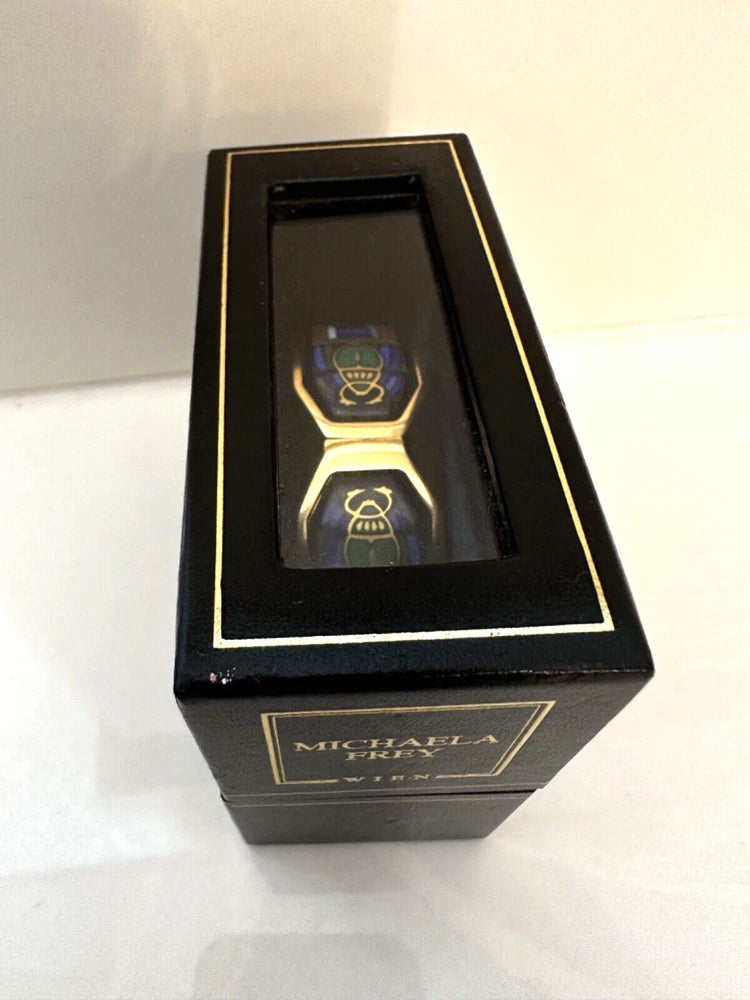 Rare Vintage Michaela Frey Wien Enamel Bracelet – Egyptian Scarab Design, 24K Gold Plated