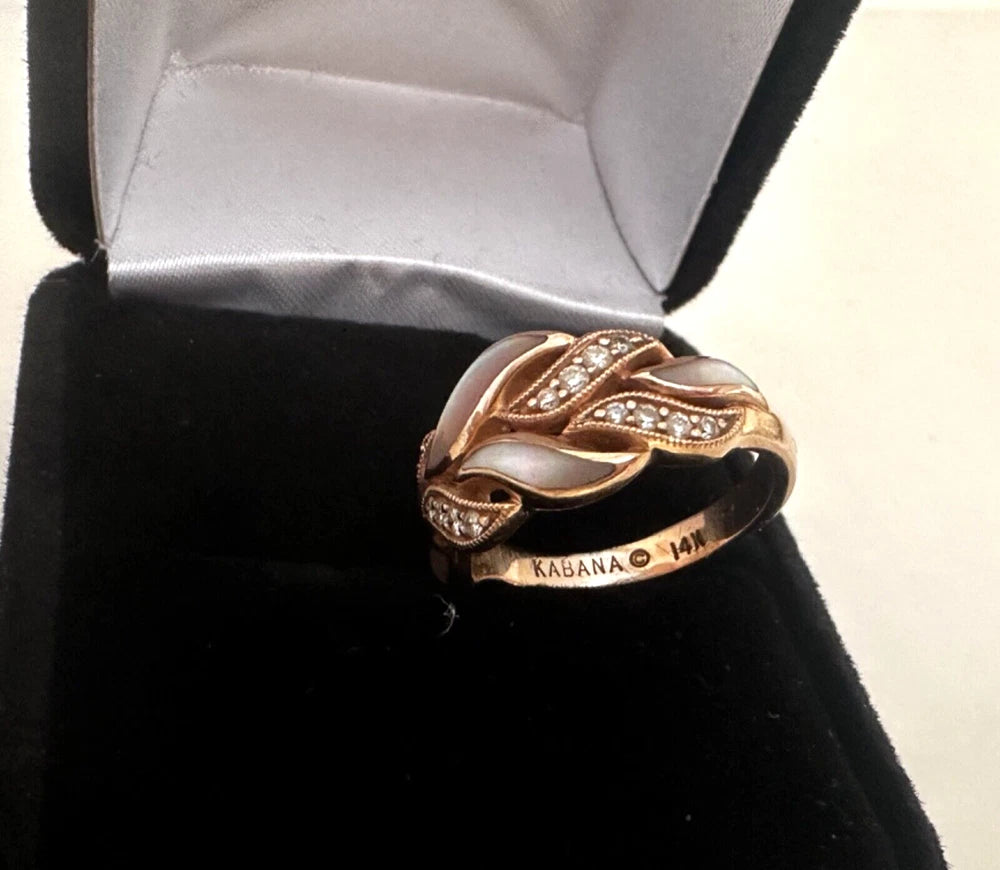 RARE Kabana 14K Rose Gold Ring Diamond & Mother of Pearl Inlay Size 6.75 Unique