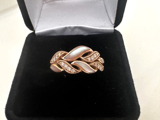 RARE Kabana 14K Rose Gold Ring Diamond & Mother of Pearl Inlay Size 6.75 Unique