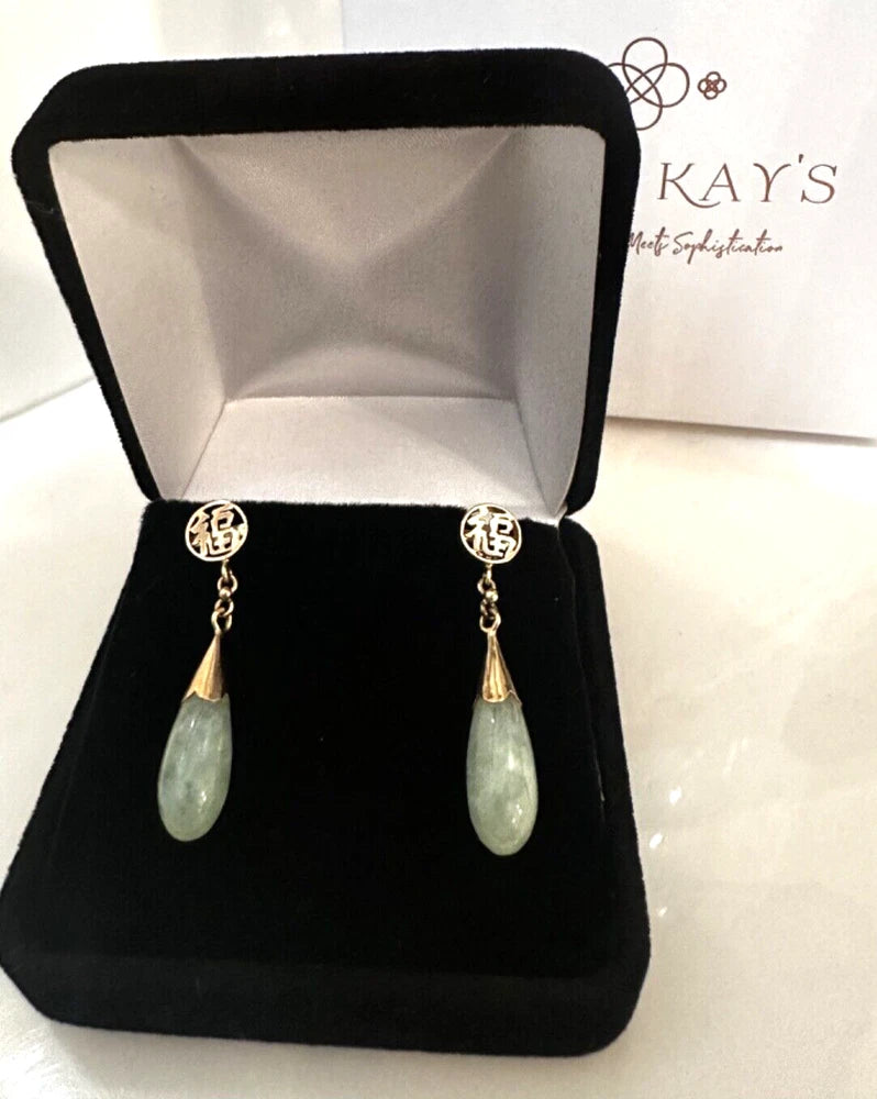 Vintage 14K Yellow Gold Jadeite Jade Briolette Earrings|1970s Estate Dangle Drop