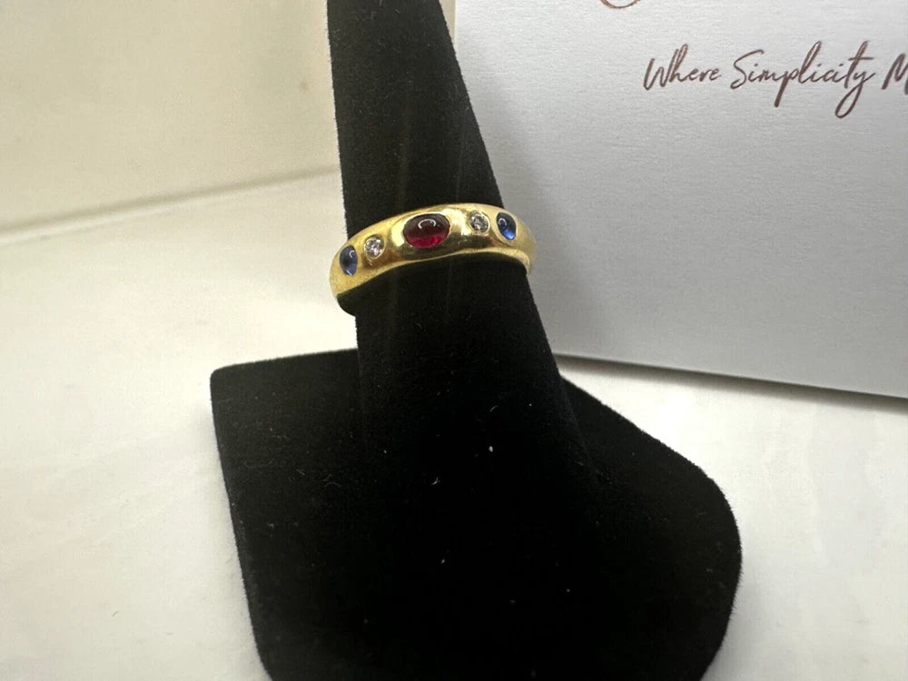 Vintage 18K Gold Ruby, Diamond & Sapphire Cabochon Gypsy Ring – Size 5.75