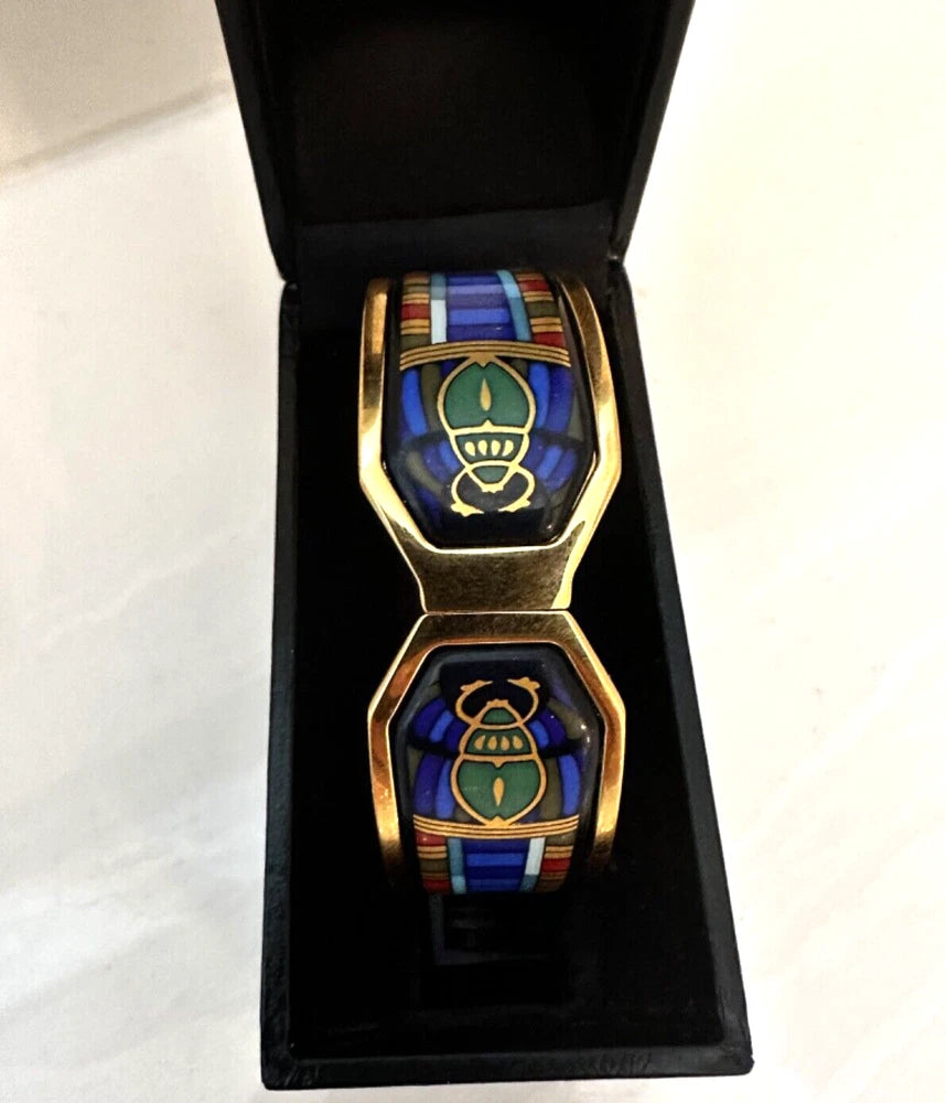 Rare Vintage Michaela Frey Wien Enamel Bracelet – Egyptian Scarab Design, 24K Gold Plated