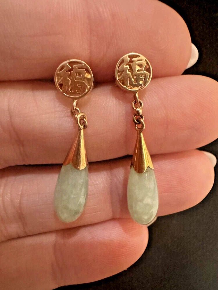Vintage 14K Yellow Gold Jadeite Jade Briolette Earrings|1970s Estate Dangle Drop